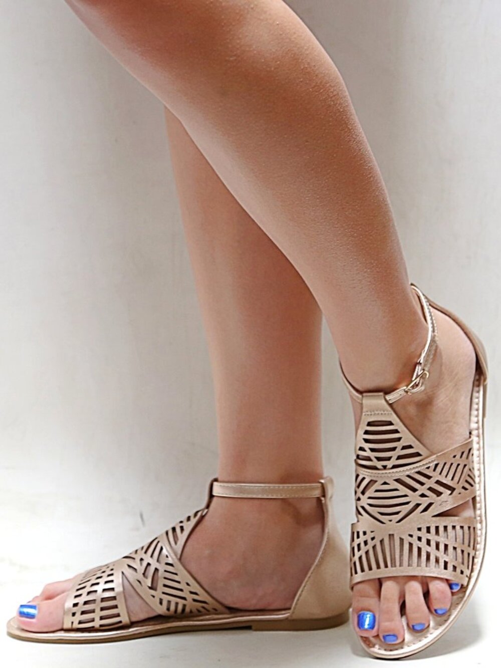 New Rose Gold Wide Band Gladiator Flat Sandals